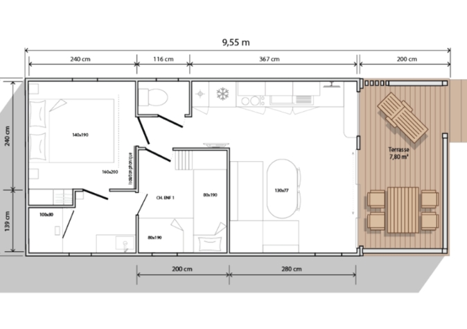 Plan du mobil-home 2 chambres la Littorelle, en location au camping Le Grand Pré dans la Somme, à proximité de la Baie de Somme